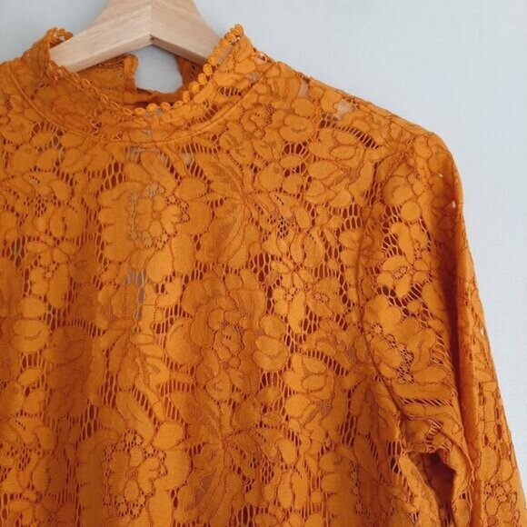 H&M / Floral Lace Pom-Pom Trim Long Sleeve Knee Length Dress Mustard Yellow Sz S - Picture 8 of 16